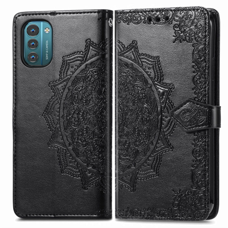 Black embossed mandala flip leather phone case, two-piece design with phone cutout