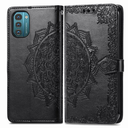 Black embossed mandala flip leather phone case, two-piece design with phone cutout