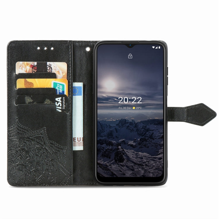 Black embossed mandala flip phone case with card slots and side view strap