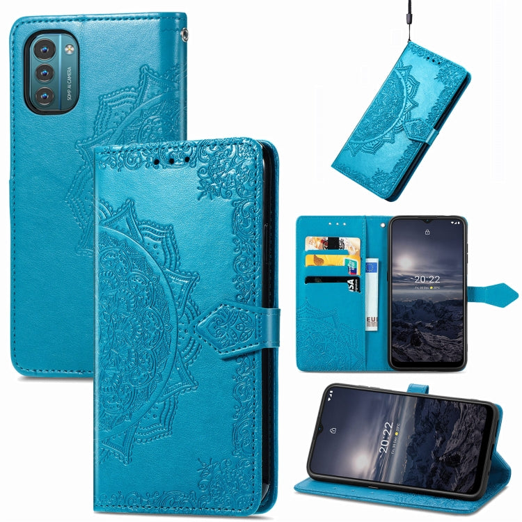 Blue embossed mandala flip leather phone case with magnetic closure and card slots