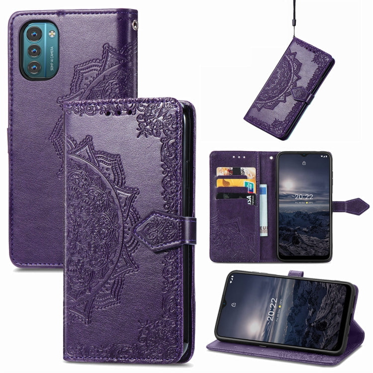 Purple embossed mandala flip leather phone case with magnetic closure and card holder