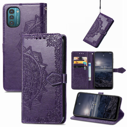 Purple embossed mandala flip leather phone case with magnetic closure and card holder