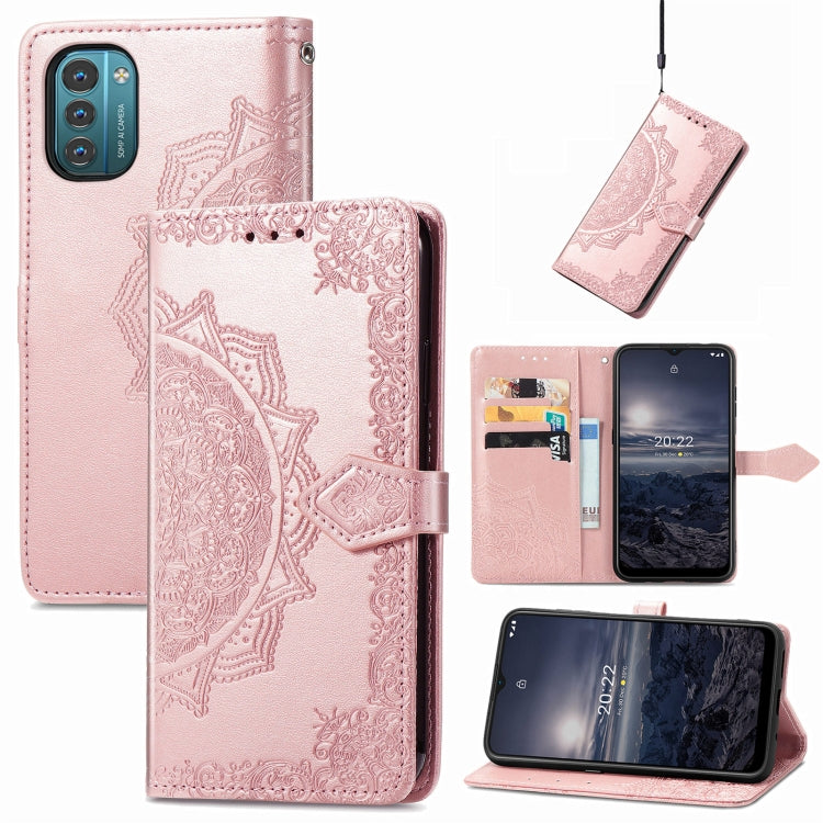 Rose pink embossed mandala flip leather phone case with magnetic strap and card slots