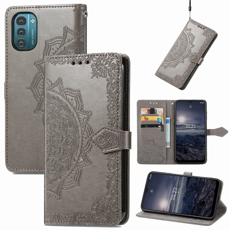 Gray embossed mandala flip leather phone case with magnetic closure and card slots