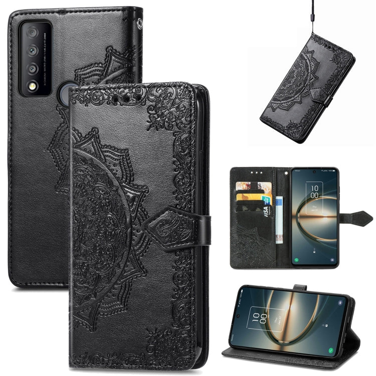 Black embossed mandala flip leather phone case with magnetic strap and card slots