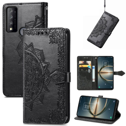 Black embossed mandala flip leather phone case with magnetic strap and card slots
