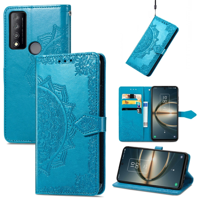 Blue mandala-embossed flip leather phone case with magnetic strap