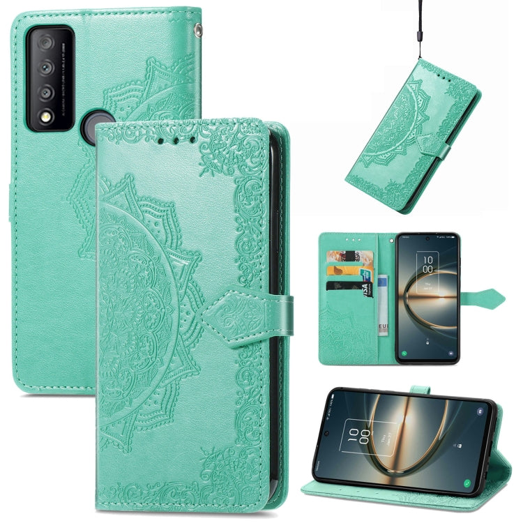 Mint green mandala-embossed flip leather phone case with magnetic strap