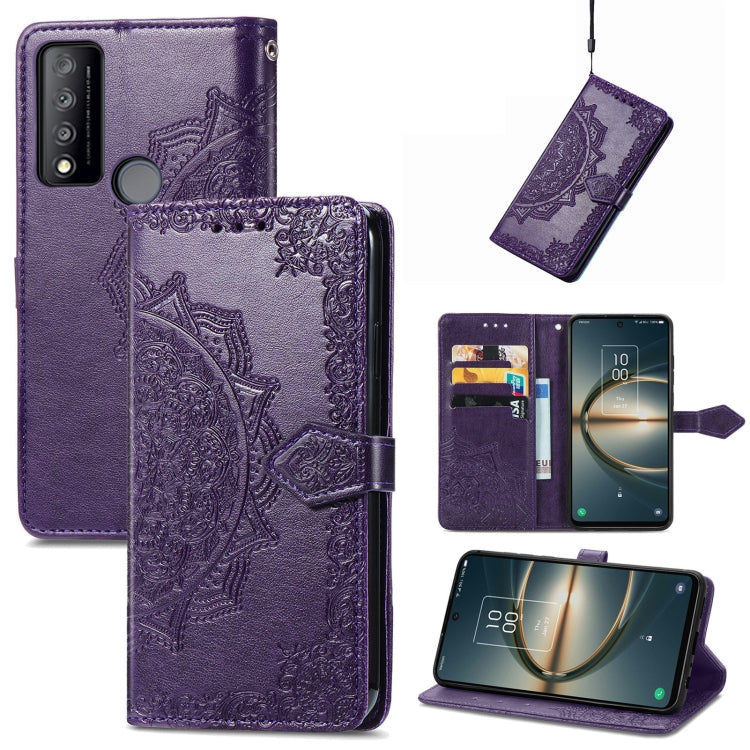 Purple mandala-embossed flip leather phone case with magnetic strap