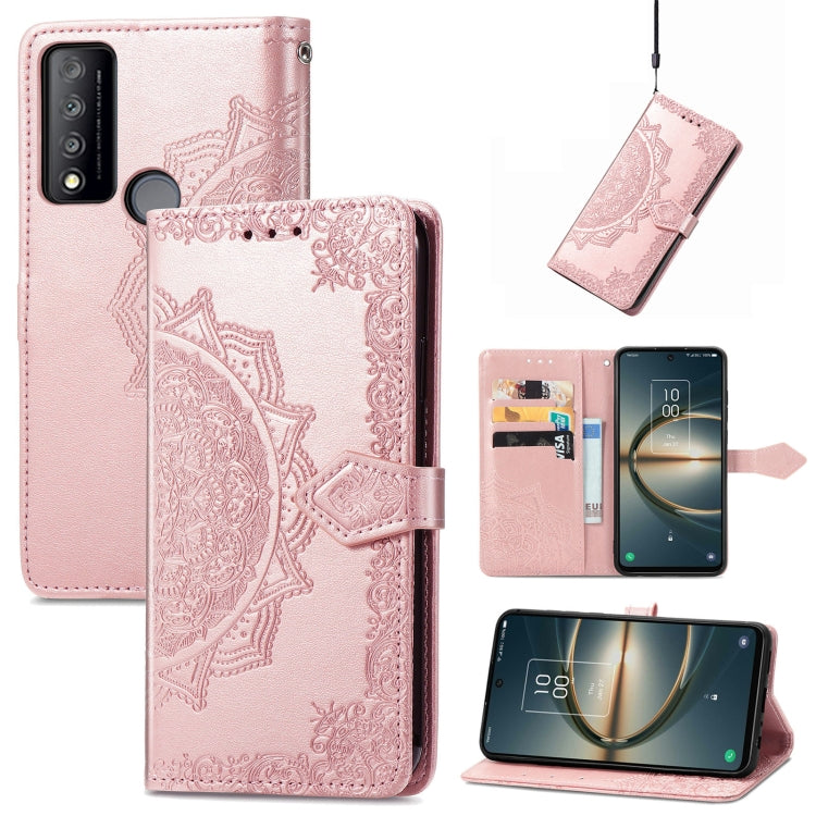 Rose pink mandala-embossed flip leather phone case with magnetic strap