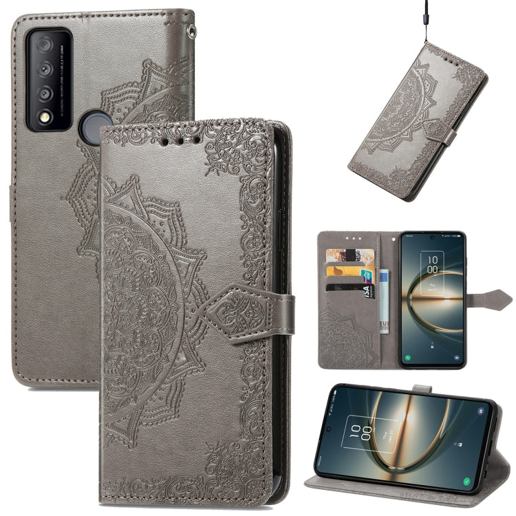 Gray mandala-embossed flip leather phone case with magnetic strap