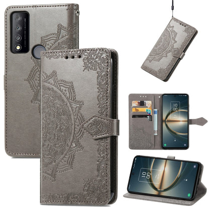 Gray mandala-embossed flip leather phone case with magnetic strap