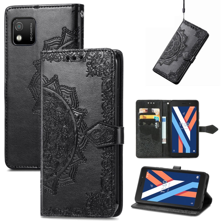 Black mandala-embossed flip leather phone case with magnetic strap