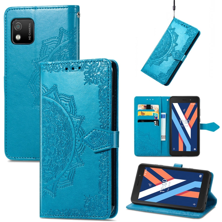 Blue mandala-embossed flip leather phone case with kickstand