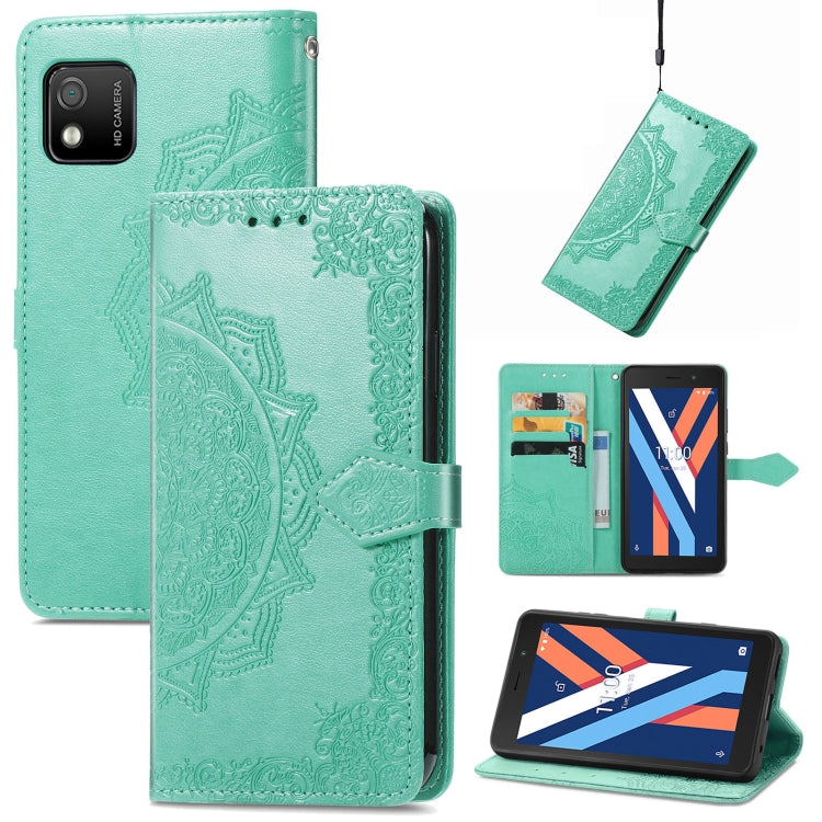 Mint green mandala-embossed flip leather phone case with kickstand