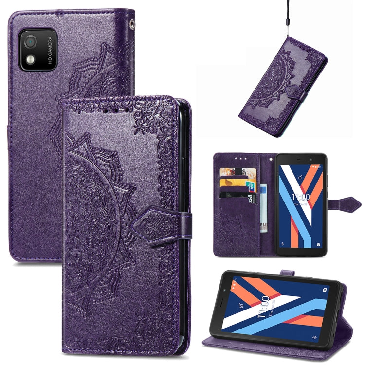 Purple mandala-embossed flip leather phone case with kickstand