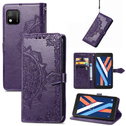 Purple mandala-embossed flip leather phone case with kickstand