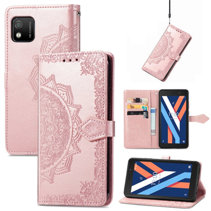 Rose pink mandala-embossed flip leather phone case with kickstand