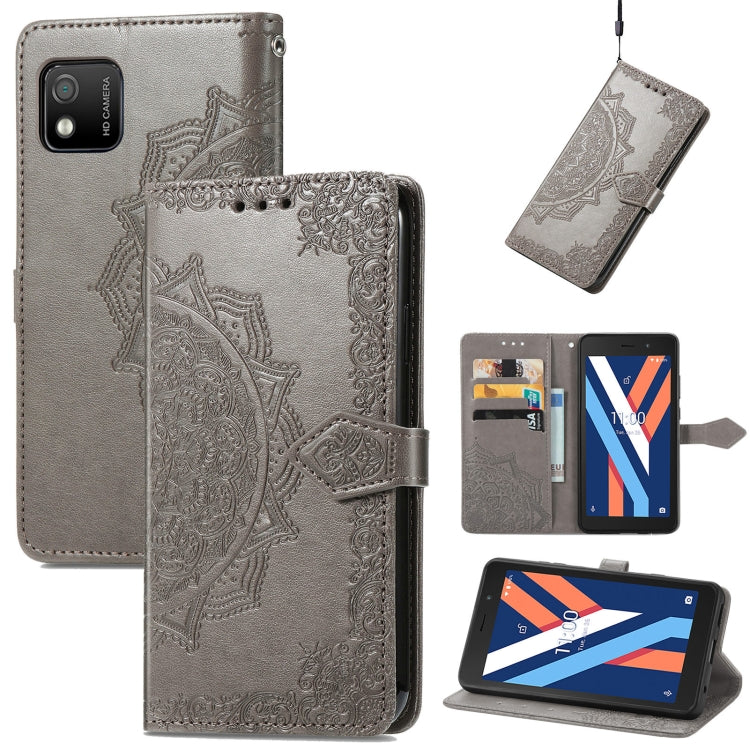 Embossed mandala flip leather phone case with front flap and card slots, gray