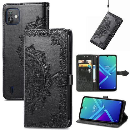 Embossed mandala flip leather phone case with front flap and card slots, dark gray
