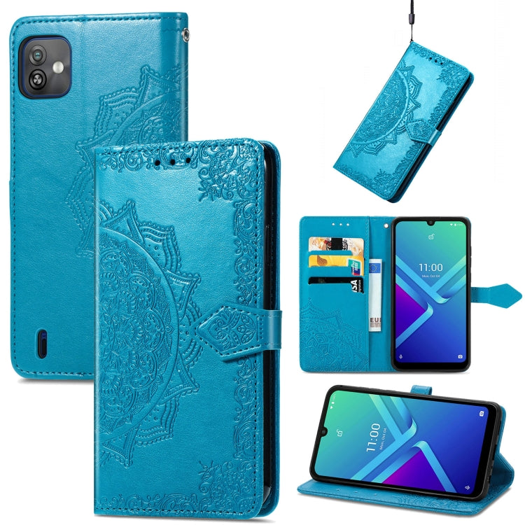 Embossed mandala flip leather phone case with front flap and card slots, blue