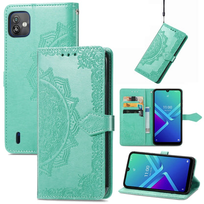 Embossed mandala flip leather phone case with front flap and card slots, mint