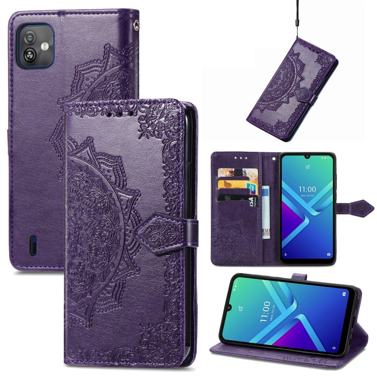 Embossed mandala flip leather phone case with front flap and card slots, purple