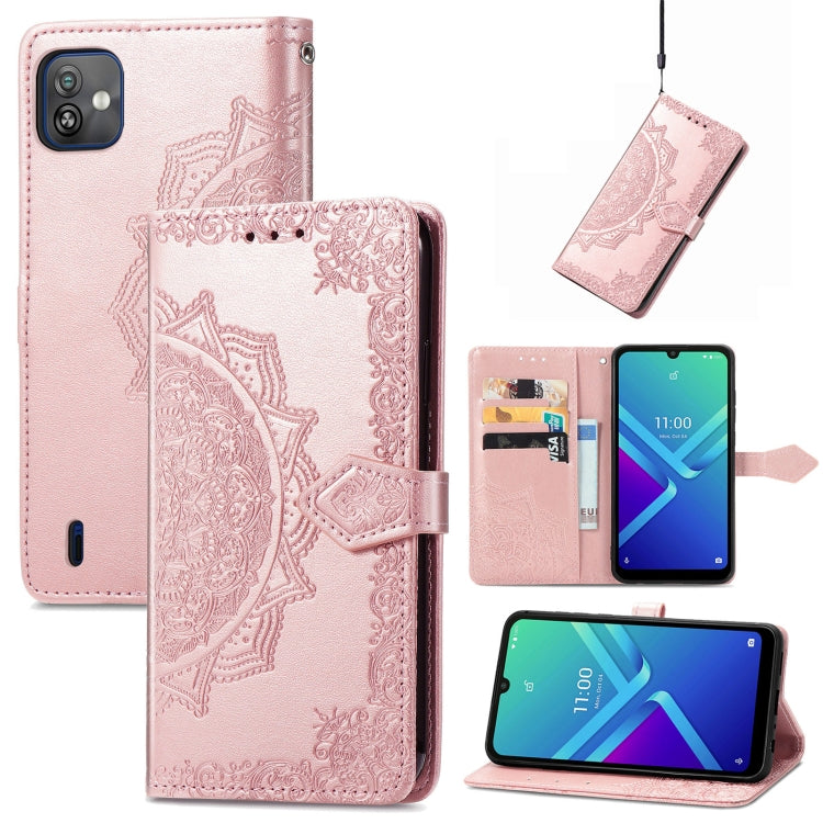 Embossed mandala flip leather phone case with front flap and card slots, rose pink