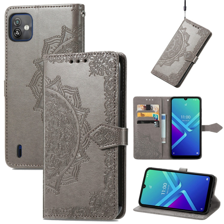 Embossed mandala flip leather phone case with front flap and card slots, light gray