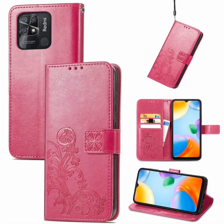 Pink leather folio phone case with embossed floral pattern, clasp buckle and card slots