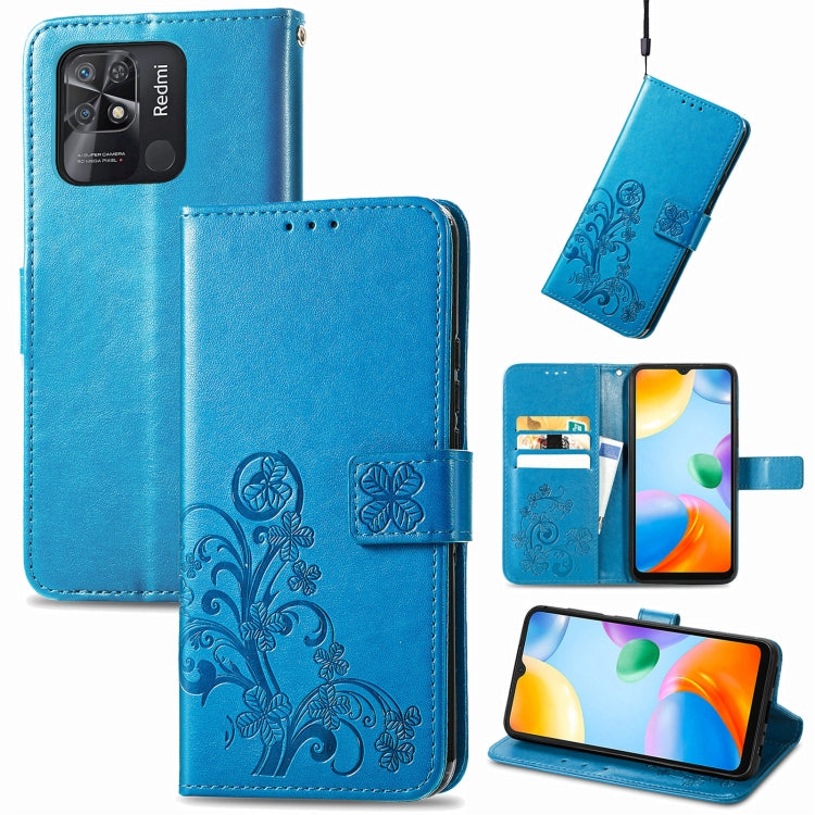 Blue leather folio phone case with embossed floral pattern, clasp buckle and card slots