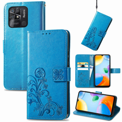 Blue leather folio phone case with embossed floral pattern, clasp buckle and card slots