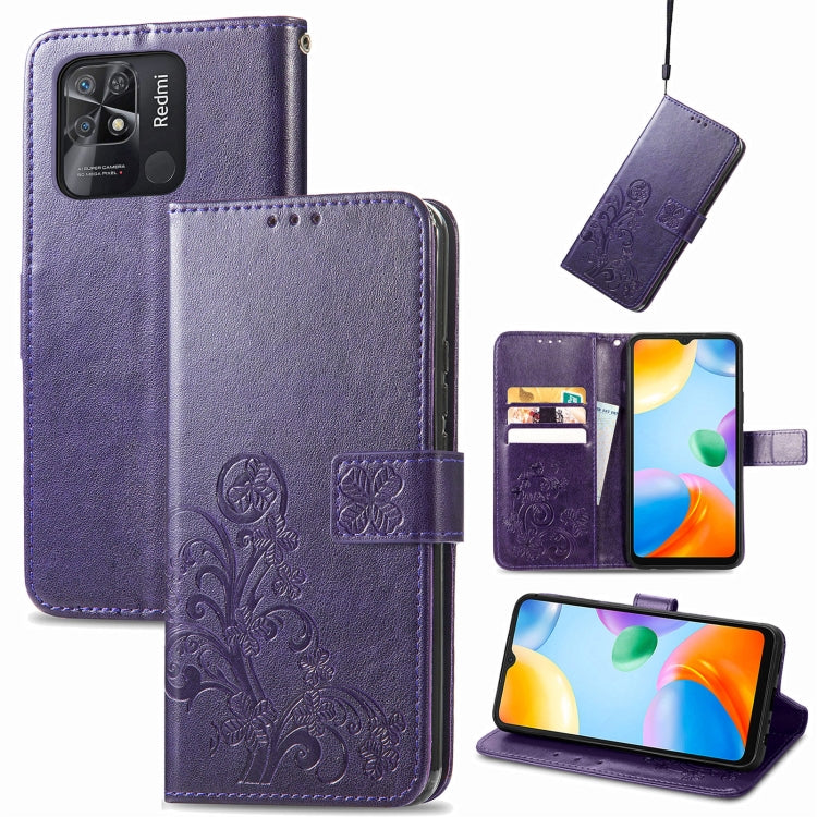 Purple leather folio phone case with embossed floral pattern, clasp buckle and card slots