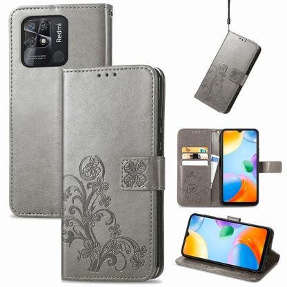 Gray leather folio phone case with embossed floral pattern, clasp buckle and card slots