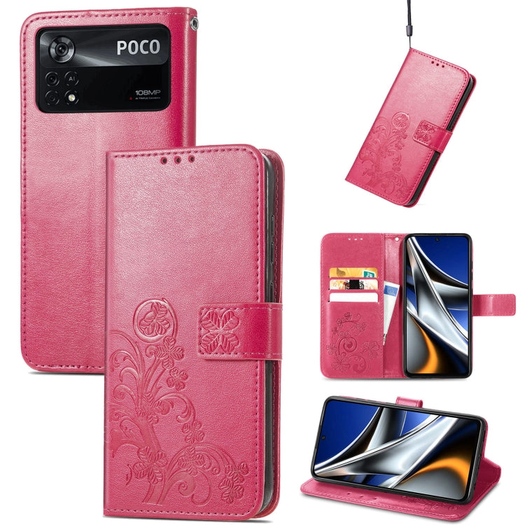 Rose pink embossed leather phone case with four-leaf clasp buckle, card slots, cover flap