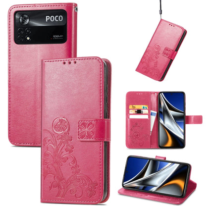 Rose pink embossed leather phone case with four-leaf clasp buckle, card slots, cover flap