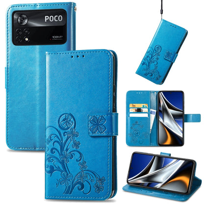 Blue embossed leather phone case with four-leaf clasp buckle, card slots, cover flap