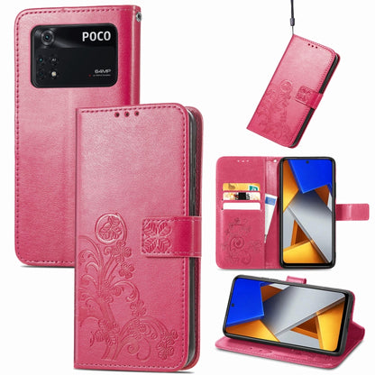 Rose pink embossed leather phone case with four-leaf clasp buckle, card slots and stand
