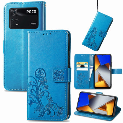 Blue embossed leather phone case with four-leaf clasp buckle, card slots and stand