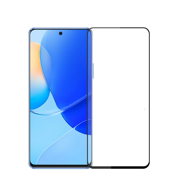 Full screen tempered glass screen protector film applied to a blue smartphone front