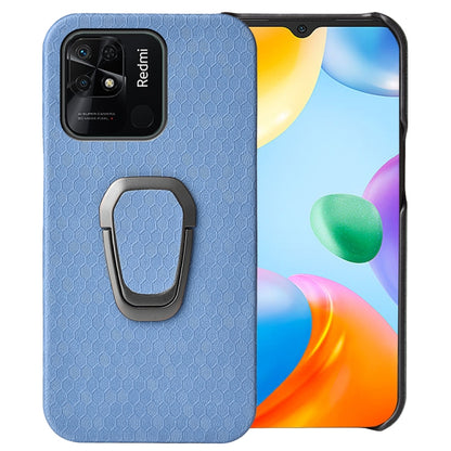 Light blue PU phone case with honeycomb texture and gray ring holder for Redmi 10C 4G
