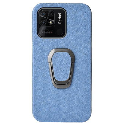 Light blue honeycomb PU phone case with built-in gray ring holder for Redmi 10C 4G