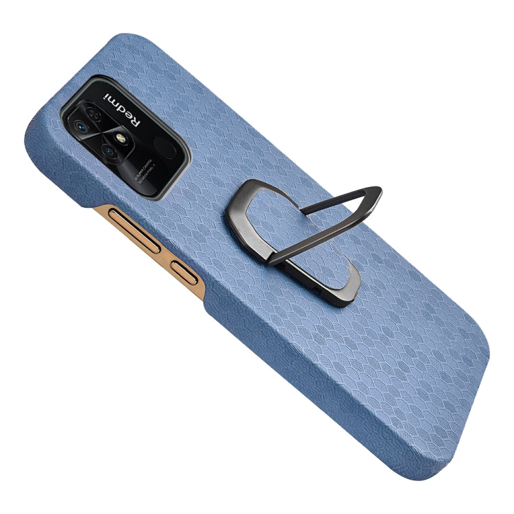 Light blue honeycomb PU phone case with gray ring holder and side cutouts for Redmi 10C 4G