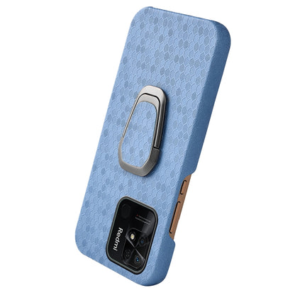 Light blue honeycomb PU phone case with gray ring holder and visible side buttons for Redmi 10C 4G