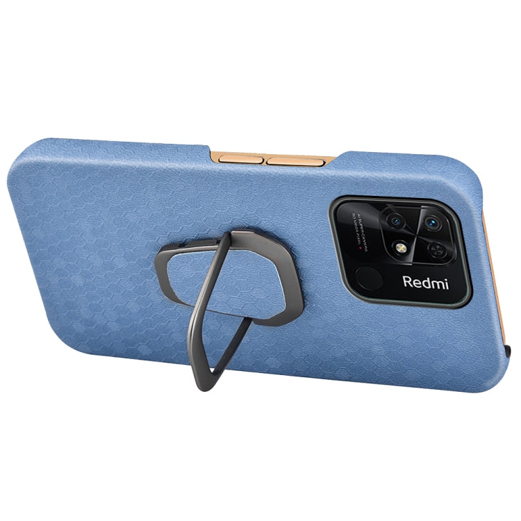 Light blue honeycomb PU phone case showing gray ring holder and camera opening for Redmi 10C 4G