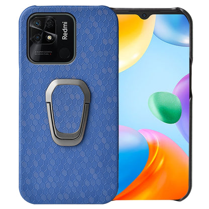 Light blue PU phone case with honeycomb pattern and gray ring holder for Redmi 10C 4G
