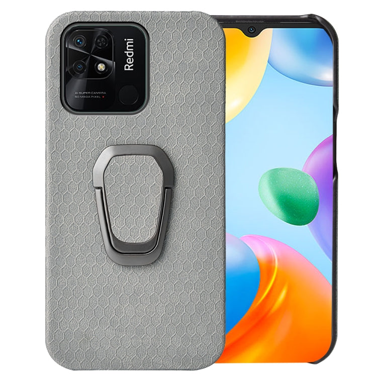 Gray PU phone case with honeycomb texture and gray ring holder for Redmi 10C 4G