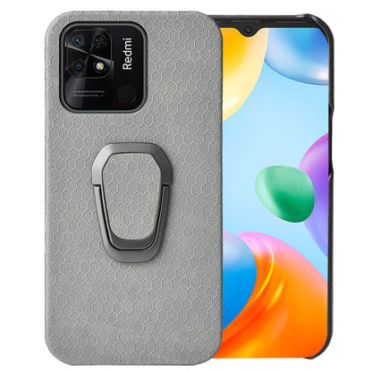 Gray PU phone case with honeycomb texture and gray ring holder for Redmi 10C 4G
