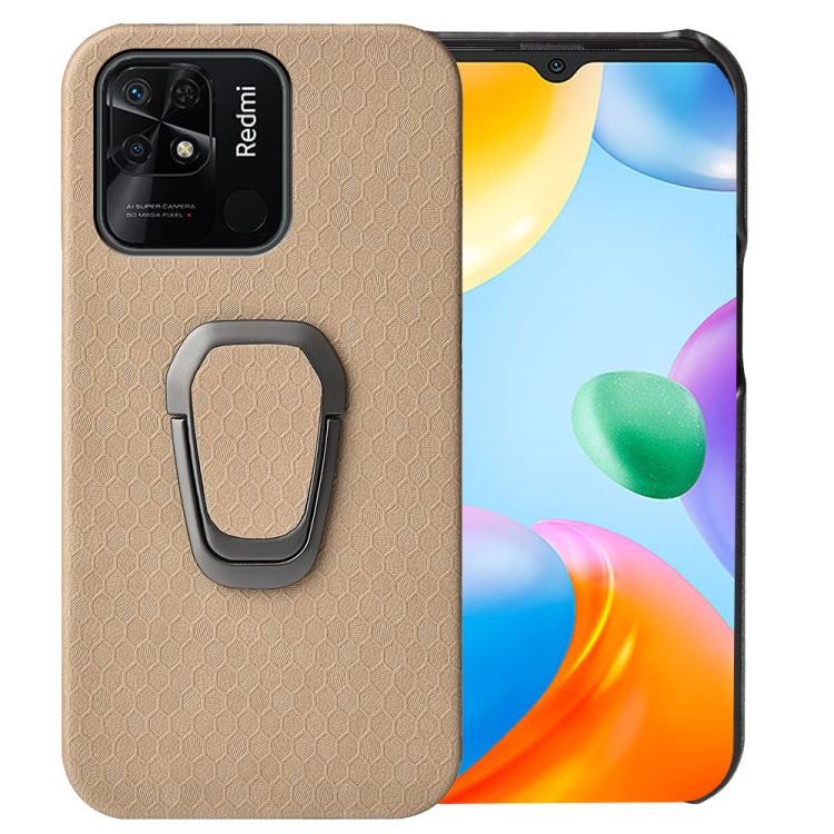 Coffee-beige PU phone case with honeycomb texture and gray ring holder for Redmi 10C 4G