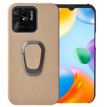 Coffee-beige PU phone case with honeycomb texture and gray ring holder for Redmi 10C 4G